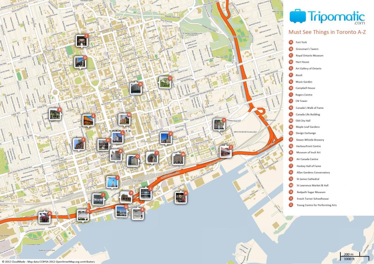 mapa das atracções de Toronto